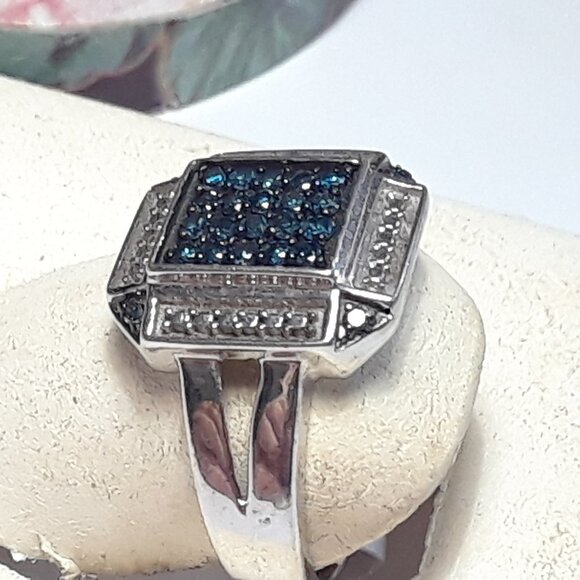 .29ctw Real Blue Diamond Retangal Modern Gnts/Lds Sterling Silver Ring #19899 - Picture 3 of 5